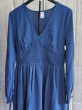 Melrose and Market Smocked Waist Long Sleeve Minidress Blue Canal Size S  NWT